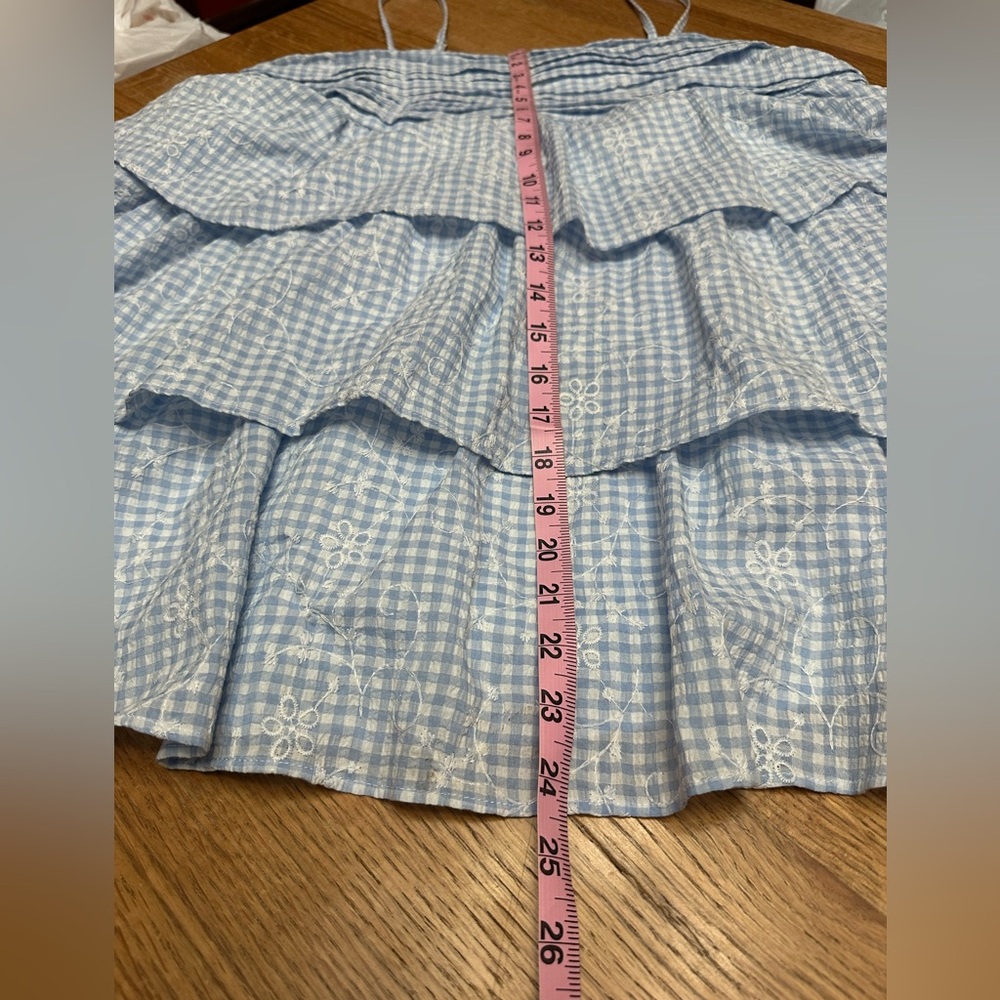 Arula Altar'd State NWOT gingham embroidered tiered mini dress 0X, 20" Ptp - Picture 8 of 9